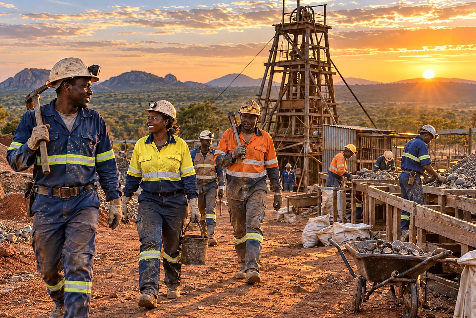 Miners walking out past the headgear of a small working at sunset