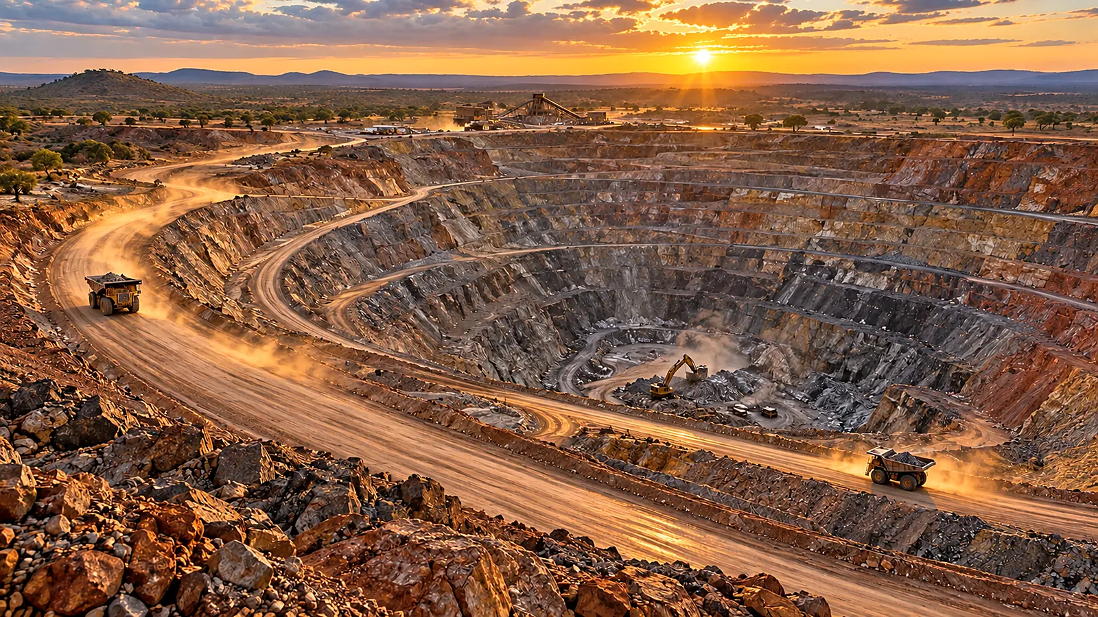 Haul trucks on the benches of a deep open pit at sunset