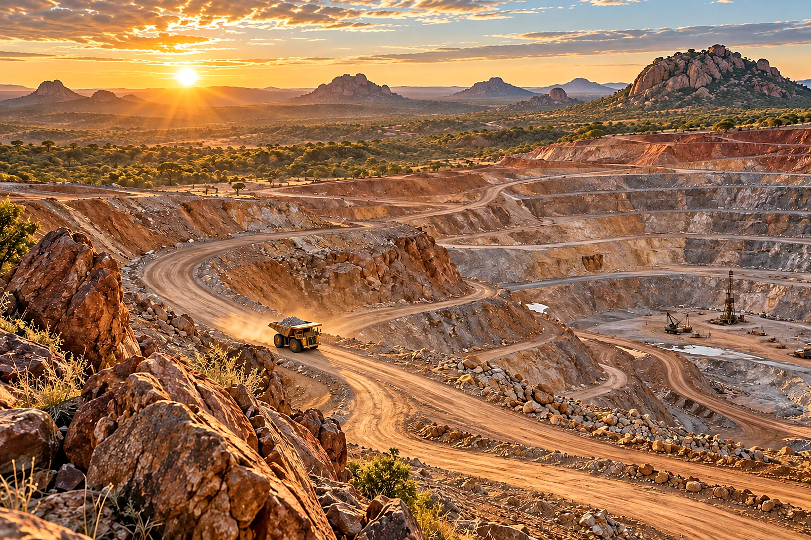An open pit and haul roads stretching to the horizon at sunset