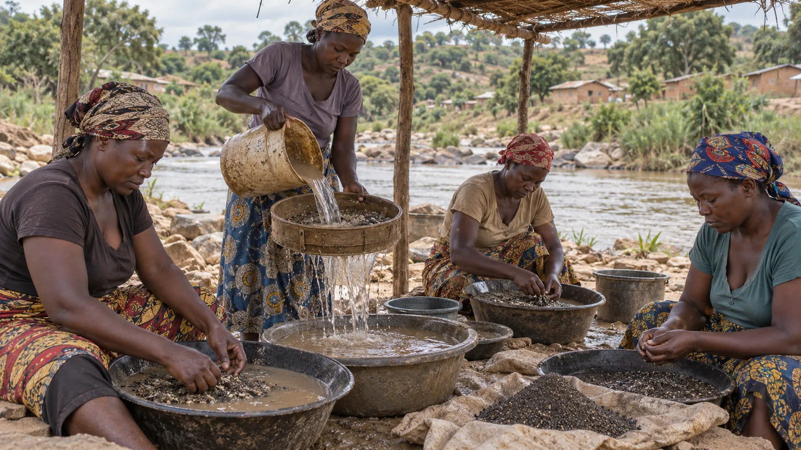 Women washing and hand-sorting crushed ore in metal basins at a riverside processing point