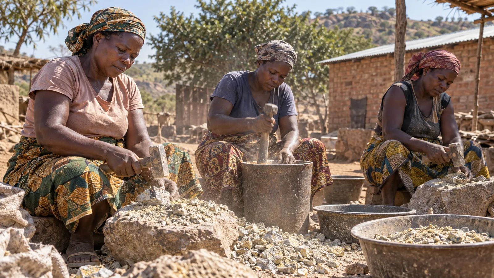 Three women breaking ore with hammers beside a hand-operated crusher