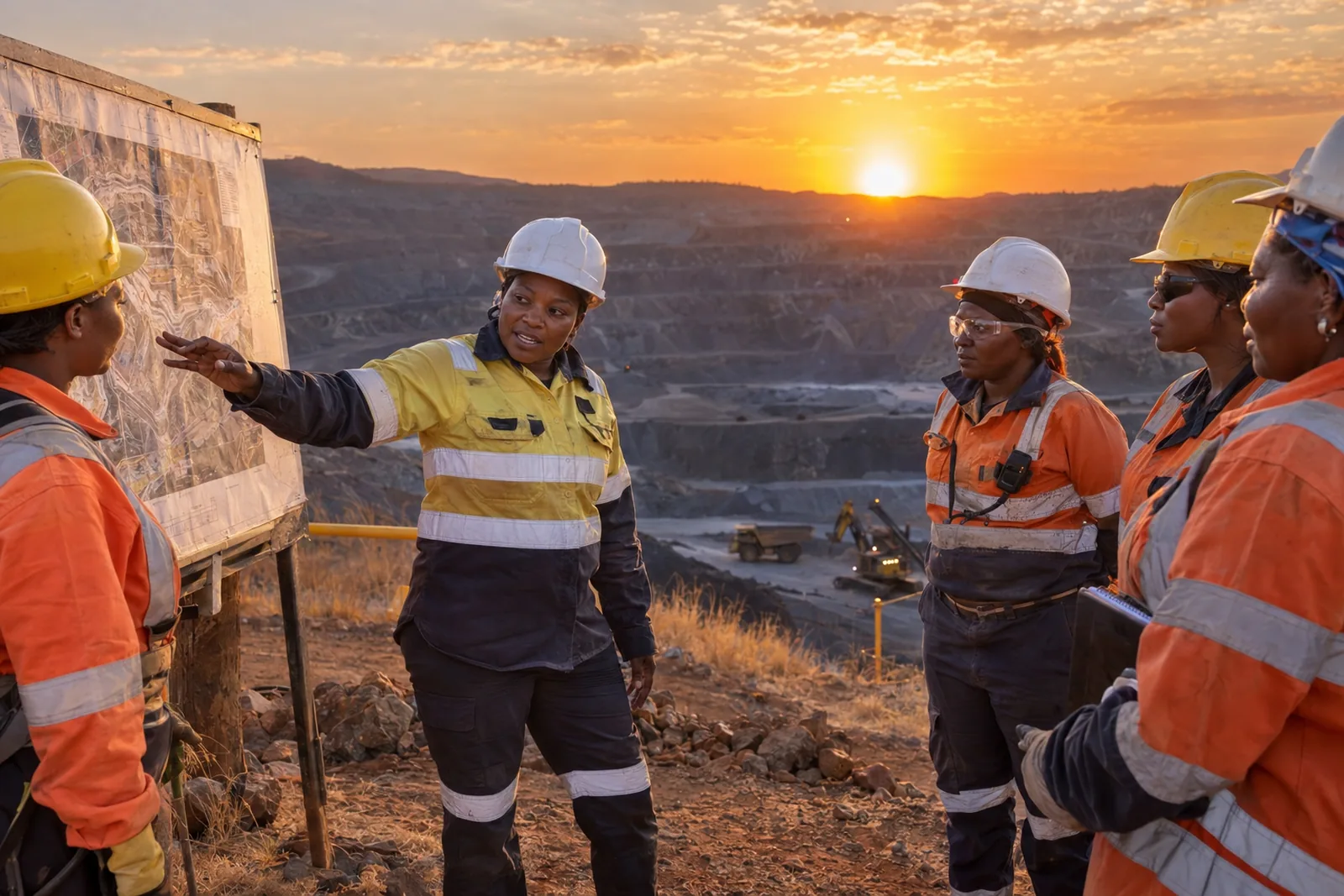 Women in high-visibility workwear and hard hats around a plan board at the edge of an open pit