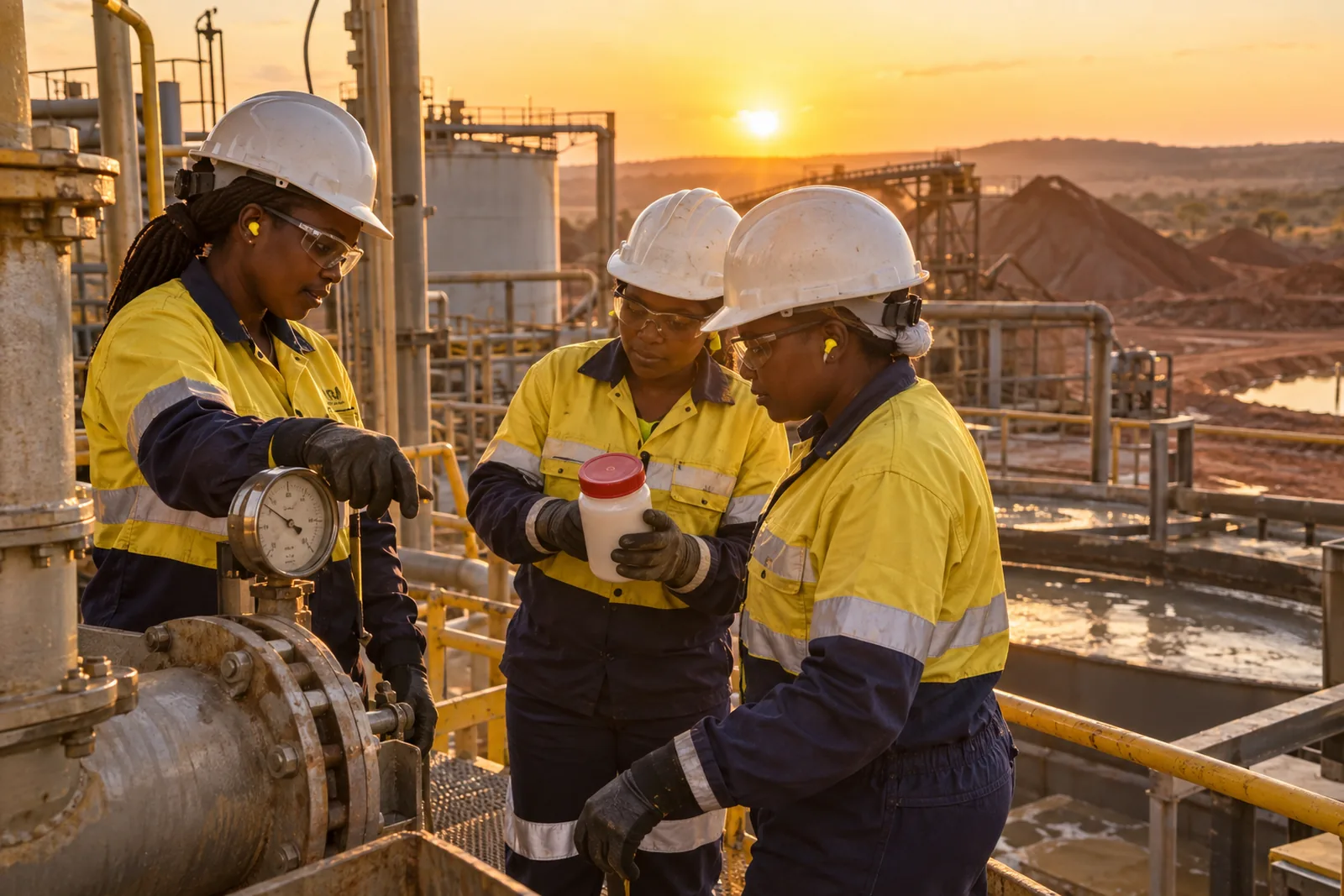 Three women in hard hats and protective glasses checking a gauge and a sample bottle at a processing plant